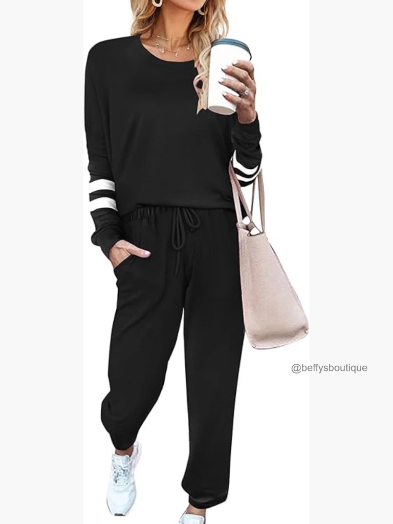 Long Sleeve Loungewear Set With Pockets, Relaxed Fit, Polyester Blend
